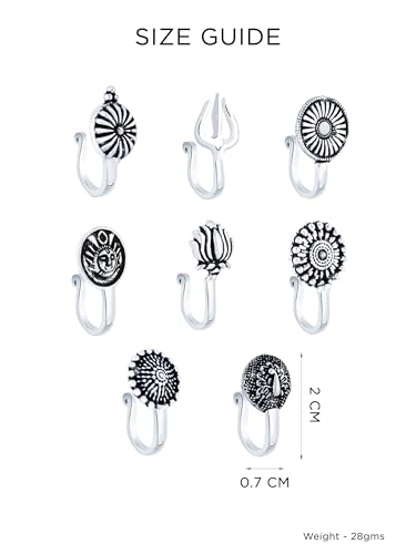 Yellow Chimes Traditional Silver Oxidised Nose Pin Without Piercing Floral Shaped - Image 3