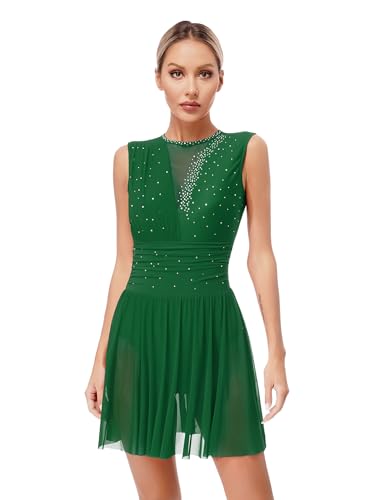Miaeowve Kürkleider Eiskunstlauf Damen Strass Glitzer Rollkunstlauf Kleid Ärmellos Ballettkleid Rückenfrei Tanzkleid Wettebwerb Tanzkostüm Grün S