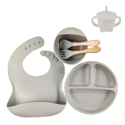 6 Piece Baby Feeding Set with Suction, BPA-Free Silicone Baby Led Weaning Feeding Supplies with Suction Bowl, Divided Plate, Adjustable Bib, Microwave & Dishwasher Safe (Gray)