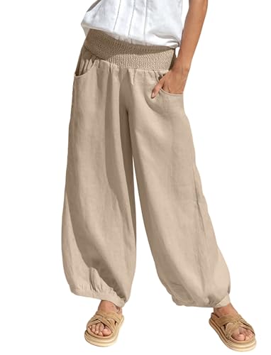 bolukets Leinenhose Sommerhose Damen Leichte Stoffhose Freizeithose Strandhose Einfarbig Bequeme Harem Musselin Hose mit Weites Bein