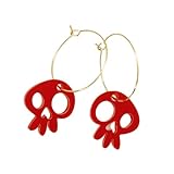 Pendientes aro dorados de acero inoxidable con diseño calaveras de acrílico rojo, aros grandes decorativos y ligeros para mayor comodidad.