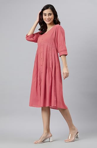 Image of Janasya Women's Cotton Solid Flared Dress