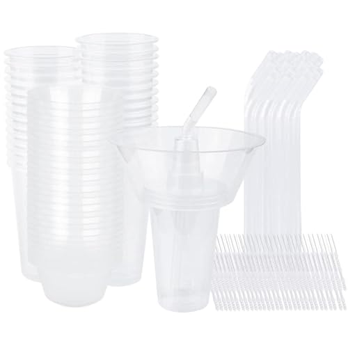 Potomac Collection Snack and Drink Cup 30 Sets Disposable Plastic Cup with Snack Bowl on Top Includes 30 Cups 30 Bowls 30 Straws 60 Forks for Party Stadium Patron and Movie Night