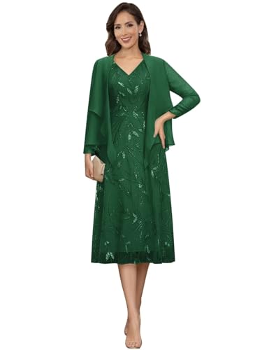 Image of 2 Pieces Mother of Bride Dresses with Jackets - Sequin Lace Chiffon A-Line Tea Length Formal Evening Dresses for Women