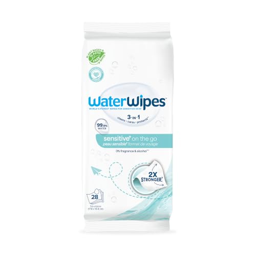 Image of WaterWipes Sensitive+ On The Go Wipes, 3-In-1 Cleans, Cares, Protects, 99.9% Water, Unscented & Hypoallergenic Wet Wipes, 28 Count (Pack of 1)