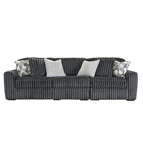 Image of Signature Design by Ashley 3-Piece Sectional Couch for Living Room, Gray | 100% polyester jumbo corduroy, Anti-sag platform foundation, 127 in wide, Gunmetal gray, Midnight-Madness Series