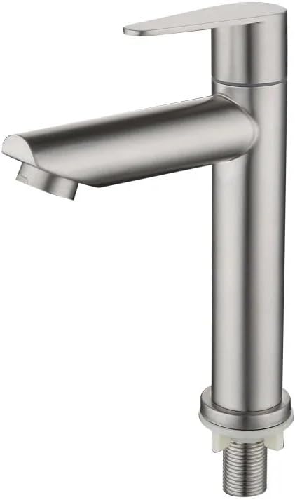 Brushed Stainless Steel Single-Cold Basin Faucet, High-Rise Deck-Mounted Washbasin Tap