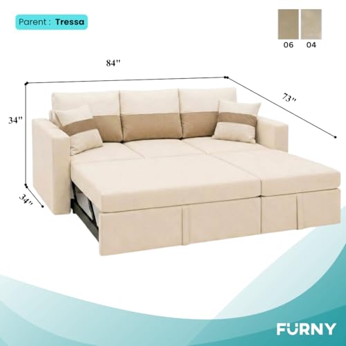 Image of FURNY Soria 4 Seater RHS Lounger Sofa Cum Bed (Cream-Beige) with Pull-Out Function | Luxury Velvet Suede Finish | Durable Comfort | Ideal for Living Room