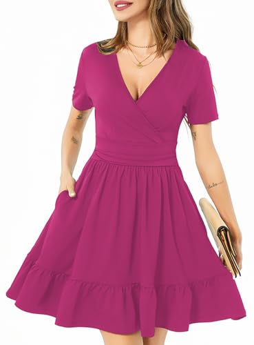 Image of Women's Fashion Summer Causal Short Sleeve Dress V Neck Beach Party Dresses with Pockets