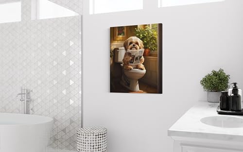 Image of Shih Tzu on Toilet Wall Art Print Canvas Wrapped, Dog Bathroom Humor Decor Posters Prints for Restroom Home Picture Painting Artwork Gallery 7 (Shih Tzu, 20 inchL x 16 inchW CANVAS, Wrapped Canvas)