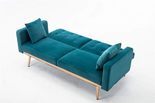 Szlizccc 63" Accent Sofa, Mid Century Modern Velvet Fabric Couch， Convertible Futon Sofa Bed ，Recliner Couch Accent Sofa Loveseat Sofa With Gold Metal Feet (Teal) #TOP5