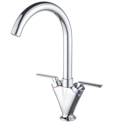 Eovem Kitchen Tap, Dual Lever Sink Mixer Tap, Monobloc Swan Neck Kitchen Sink Tap Chrome Swivel Kitchen Faucet