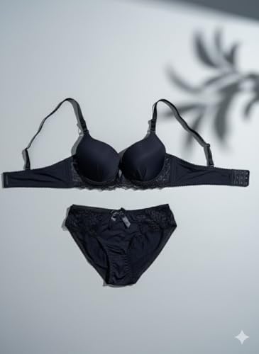 Image of Women's Elegant Lace Trim Padded Lingerie Set with Bow Detail, Push-Up Bra and Matching Panty, Available in six Colours