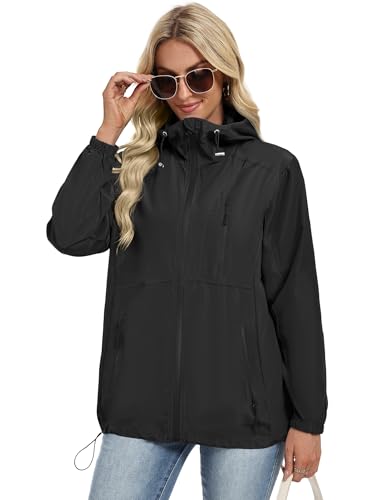 Avoogue Rain Jacket Women Waterproof with Hood Womens Lightweight Rain Jacket Windbreaker Raincoats with Pockets Black M