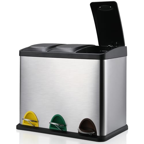 LIFERUN Cubo de basura con 3 compartimentos, 3 x 8 L, sistema de separación de basura, cubo de basura de cocina de 24 litros, pequeño cubo de acero inoxidable con tapa, 3 cubos interiores extraíbles