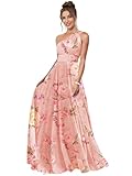 Aootumi Women's One Shoulder Bridesmaid Dress with Pockets Pink Chiffon Ruched A Line Maxi Floral Formal Dresses Size 8