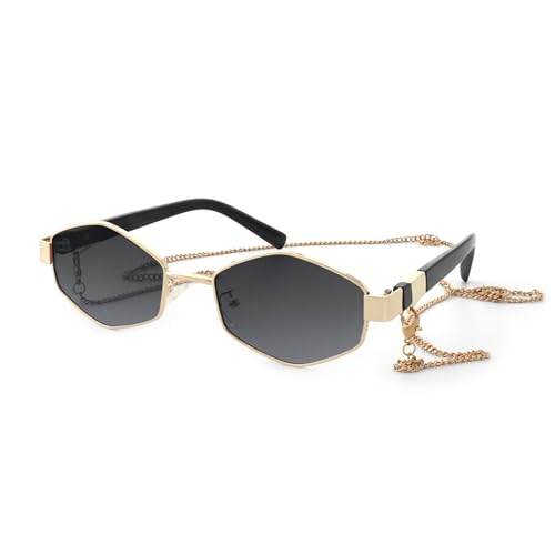 JiSoo Trendy Hexagon Sunglasses for Women - Gold Sunglasses Womens Designer, Geometric Festival Sun Glasses with Chain