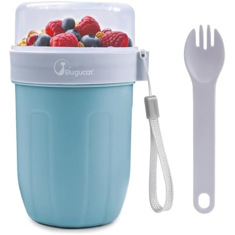 Bugucat Overnight Oats Containers with Lids,Snackle Box Container, 260ML+660ML Snack Cup, Dishwasher Safe Design, Cereal, Milk, Vegetable and fruit Salad Reusable Storage Container (blue) Cover