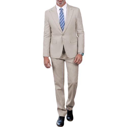 SOLOVEDRESS Men's 2 Piece Suits Set Regular Fit Casual Linen Blazer Jacket and Pants for Wedding and Party