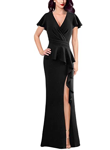 VFSHOW Womens Ruched Wrap V Neck Ruffle Formal Prom Peplum High Slit Maxi Dress 2023 Wedding Guest Cocktail Evening Long Gown