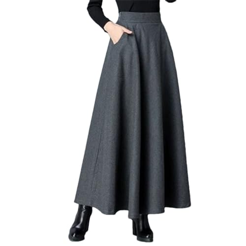 Womens Autumn Winter High Waist Wool A Line Maxi Skirt Vintage Casual Thick Warm Pocket Skirt