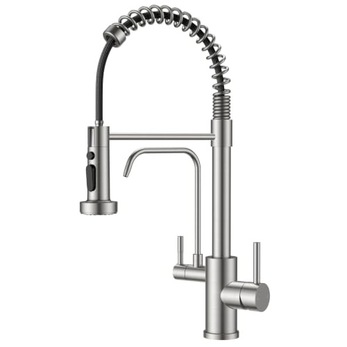 FORIOUS Grifo de Cocina de 3 Vías con Salida Independiente para Agua Filtrada, Grifo de Cocina 2 en 1 de Acero Inoxidable con Ducha Extraíble, 3 Modos de Chorro, 2 Manetas, Giratorio de 360°