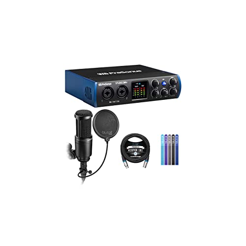 PreSonus Studio 24c USB Audio Interface for Windows and Mac Bundle with Audio Technica AT2020 Condenser Microphone, Blucoil 10-FT Balanced XLR Cable, Pop Filter, and 5-Pack of Reusable Cable Ties