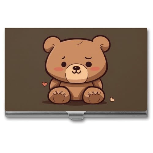 Slim Metal Business Card Holder - Cartoon Brown Cute Bear Aluminum Alloy Card Case with Buckle Closure, Holds 20 Cards & Cash, Professional Credit Card Size ID Holder for Men Women Gift