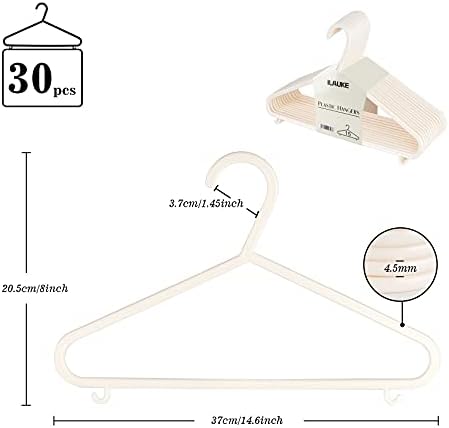 ilauke 30 Pack Adult Coat Hangers Strong Plastic Clothes Hangers Space Saving Hangers with Suit Trouser Bar and Lips (37cm x 20.5cm)