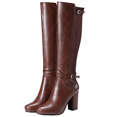 Meefit Women Block Heel Knee High Riding Boots Classic Round Toe Zip Up Tall Boot