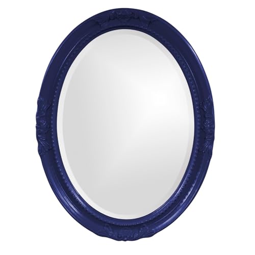 Image of Howard Elliott Collection Queen Ann Oval Glossy Navy Wall Mirror, Oval Bevelled Hanging Wood Framed Vanity Mirrors for Home Decor, Living Room, Bathroom, Bedroom, or Hallway, 25 x 33 Inch