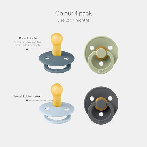 Image of BIBS Pacifiers - Colour 4-Pack | BPA Free Baby Pacifier | Round Nipple Binkies | Natural Rubber Latex Soother | Made in Denmark | Size 6-18 Months | Baby Blue Mix