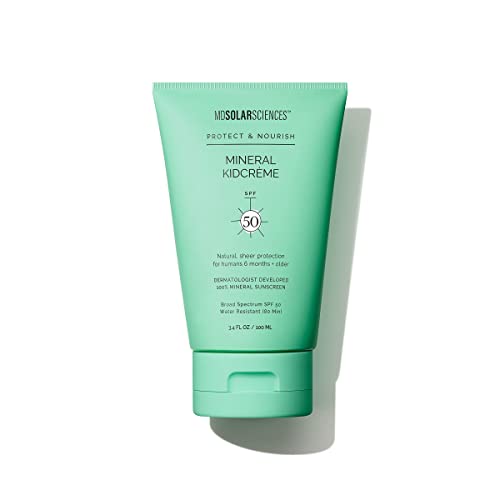 MDSolarSciences Mineral KidCreme SPF 50 – Gentle Water-Resistant Sunscreen for Kids - Hypoallergenic Broad Spectrum Face and Body UV Protection – Fragrance Free Vegan Zinc Oxide, 3.4 Oz