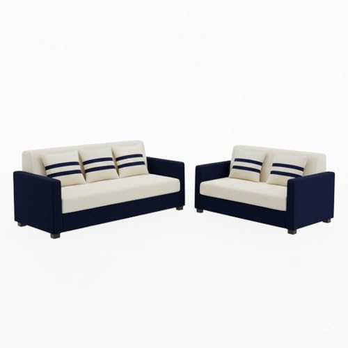 Image of FURNY Lifestylio 5 Seater Fabric 3+2 Sofa Set (Cream-Dark Blue) Premium Velvet Finish | Ideal for Living Rooms, Offices