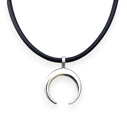 ASTER ALHELÍ - Collar Mujer Luna Invertida en Plata Antigua - Colgante Hombre Cuerno con Cordón Encerado de Cuero Negro y Cierre de Acero - Ideal para Regalo