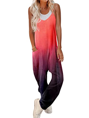 Yanekop Womens V Neck Sleeveless Jumpsuits Loose Overalls Spaghetti Strap Harem Long Pants With Pockets(01 Orange Black,M) #TOP1
