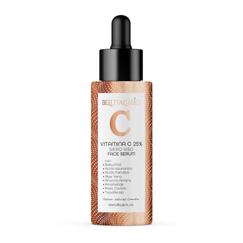 Bell'Italiabio - Sérum facial con vitamina C, 100 ml, antimanchas, antiarrugas, aclarador, ácido hialurónico, baquuchiol, aloe vera, hidratación natural, fabricado en Italia