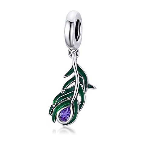 ZiNuo Charm Beads 925 Sterling Silver Bird Colorful Feather Pendant Animal Charms Safety Chain to fit Pandora Bracelet&Necklace (Peacock Feather) Cover