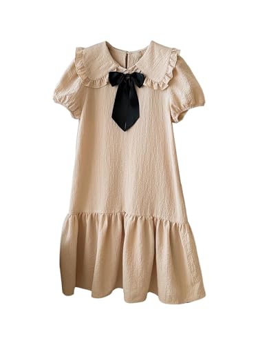 Verdusa Girl's Cute Bow Puff Sleeve Dress Birthday Ruffle Doll Collar Midi Dresses3