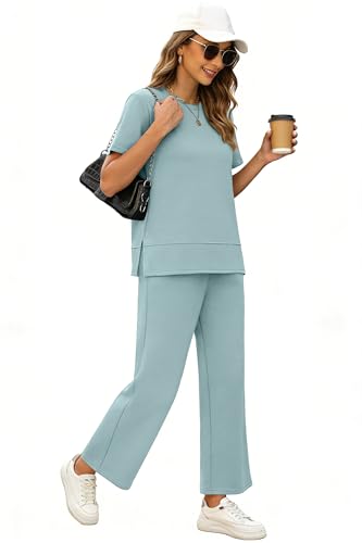Image of XIEERDUO Women's Side Slit Lounge Sets 2026 Fashion 2 Piece Travel Outfits Cozy Loungewear Wide Leg Tracksuits S-3XL