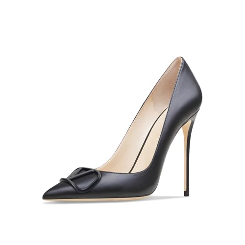 Qunvngutui Women's Pointed Toe Shallow Mouth Sexy Square Buckle Rhinestones 10cm Stiletto Heels Slip-on Wedding Party Banquet Big Size Shoes Black V-Buckle US6