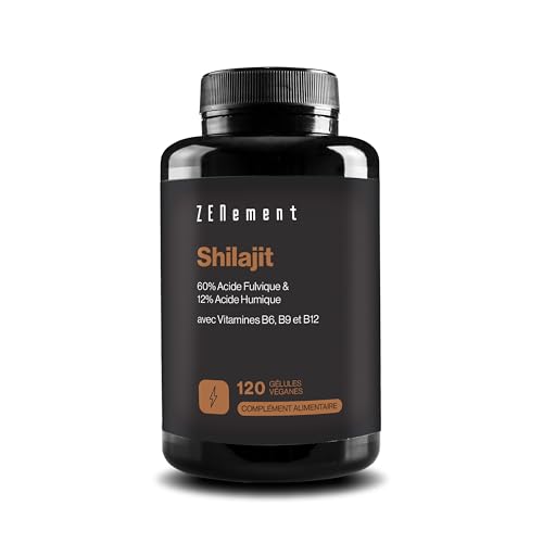 Shilajit Pur Himalaya 1300 mg (Équiv. 45000 mg) par Jour - 60 % Acide Fulvique, 12 % Humique - Vitamines B6, B9, B12-120 Gélules Végétaliennes, 2 Mois...