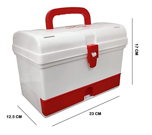 HOME CUBE 1 Pc Multifunction Portable Medicine Organizer Storage Plastic Box, Medical Box, Multi Purpose Box With Extra Drawer Handle for Home Office Camping Travel etc- White/Red, Rectangular
