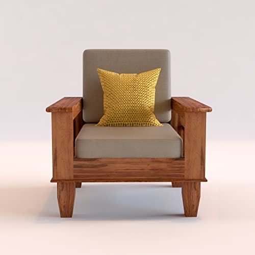 Image of Sheesham Wooden 1 Seater Sofa for Living Room | Rosewood 1 Seater Cushion Sofa with Side Newspaper Holder for Home & Office | Solid Wood Sofa Set for Lounge (Honey)