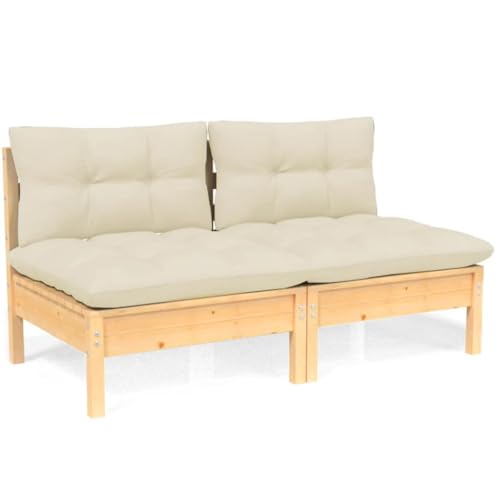 vidaXL Gartensofa 2-Sitzer, Gartenmöbel 2 Mittelsofa mit Creme Kissen, Modular Sofa Lounge Sitzgruppe für Garten Terrasse Balkon, Loungemöbel, Massivholz Kiefer