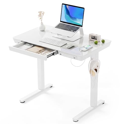 Image of Claiks Small Glass Standing Desk with Drawers & USB Ports 32x19 White