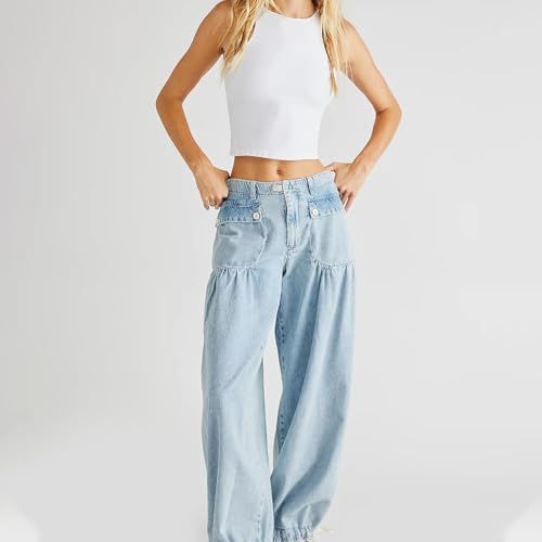 Tube Jeans Ruffle,Women's Casual Loose Fitting Mid Waist Tube Shaped Jeans,Casual Loose Wide Leg Jeans4