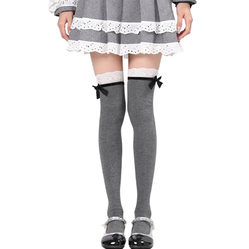 Cnrfeoap Overknee-Socken mit Spitzenbesatz und Schleifen, Akzent für Damen, Teenager, japanische Studenten, adrette, dehnbare Oberschenkelhohe Strümpfe, stilvolle Overknee-Socken, grau, Einheitsgröße