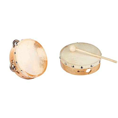 Fuzeau - Tambourin en Peau Naturelle - ø15 cm - 8 Cymbalettes - Véritable Instrument de Musique Adapté aux Enfants &amp; Tambourin en bois - Peau naturelle Ø 15 cm sans cymbalette - Livré avec 1 mailloche