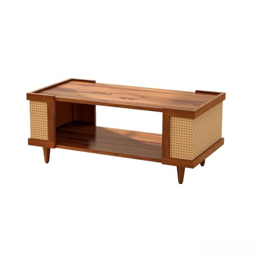 Image of Wooden Centre Table for Living Room | Modern Coffee Table with Cane Rattan Side Panels & Open Storage Shelf | Rectangle Center Table for Home, Drawing Room & Office | Solid Wood Tea Table